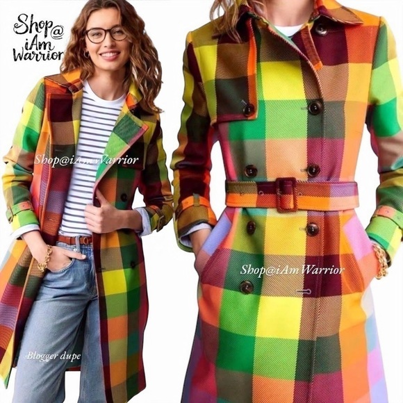 Rainbow checkered NWT double breasted belted trench coat *shop@iamwarrior - Picture 7 of 16